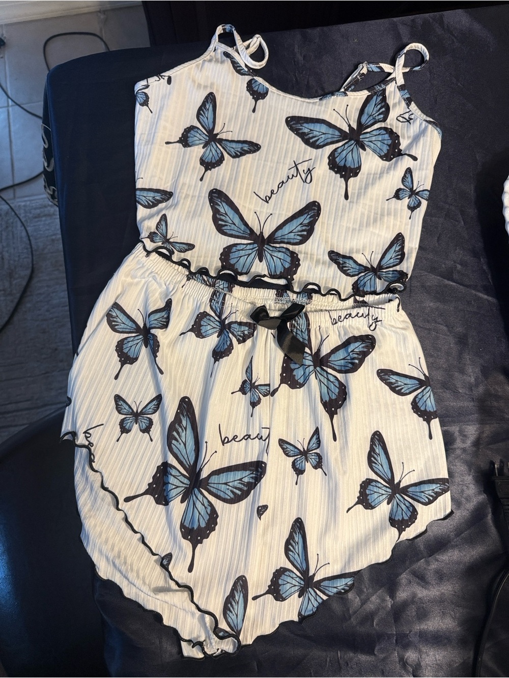 Girls' Cream Tank Top & Shorts Set with Blue Butterfly Print